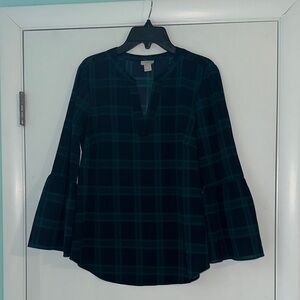 J. Crew Navy and Green Plaid Blouse